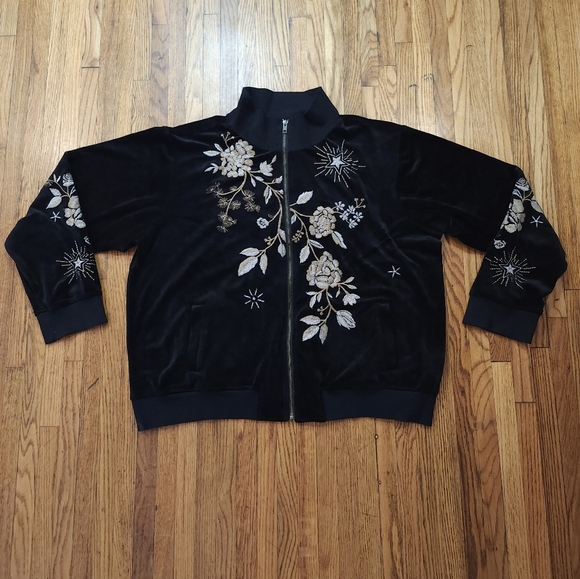 Johnny Was Jackets & Blazers - Johnny Was Womens Velour Track Jacket Embroidered Size XXL Black